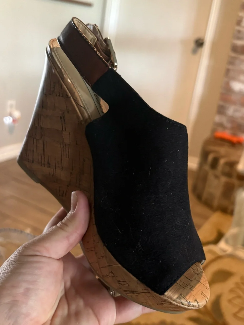 American Eagle By Payless Black Suede Cork Wedge Sandals